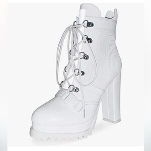 White Lace Up High Chunky Heel Platform Ankle Boots